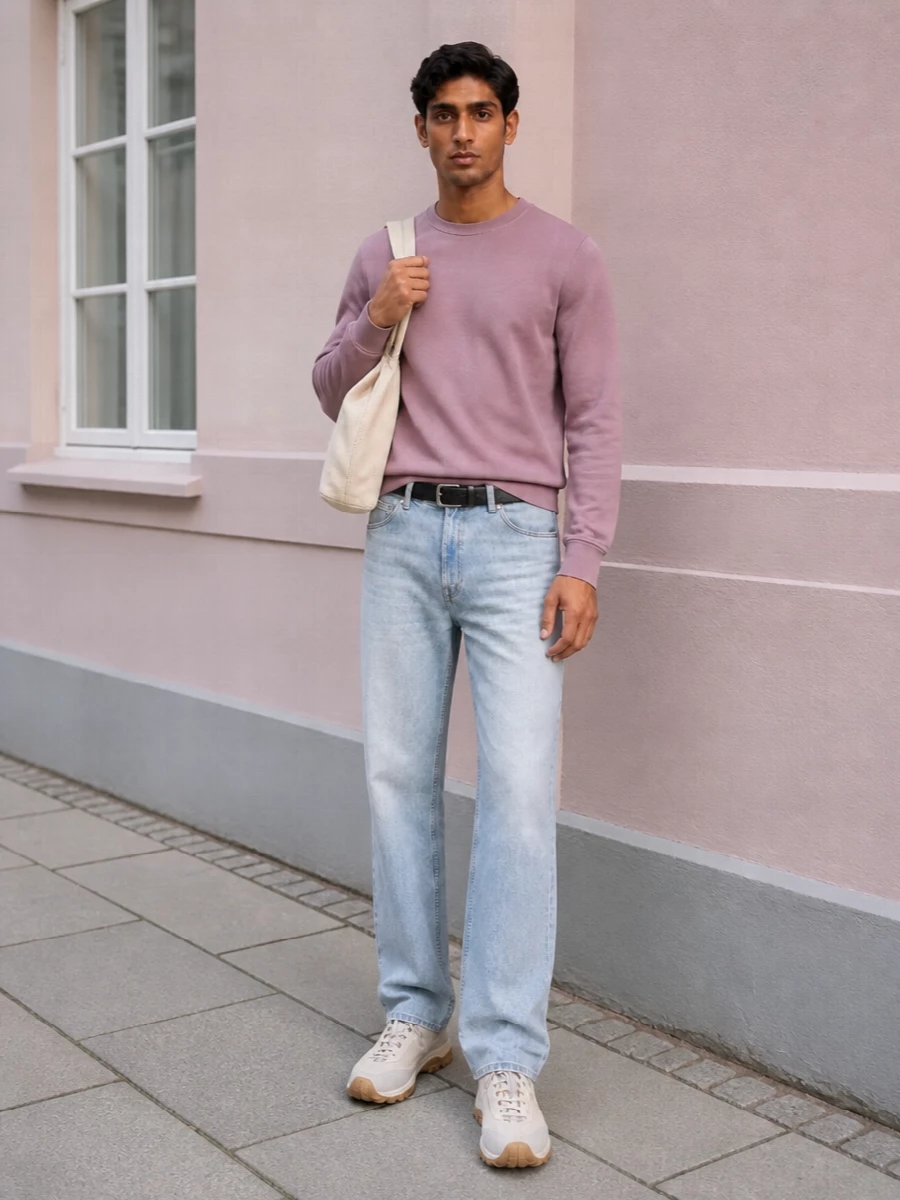 Dusty rose and pale denim set an easy, washed-out base, with the straight leg keeping the proportions clean and quietly relaxed. Tonal trail sneakers and a soft butter tote keep everything in a calm, muted register, while the slim black belt adds just enough definition to feel considered rather than loose.