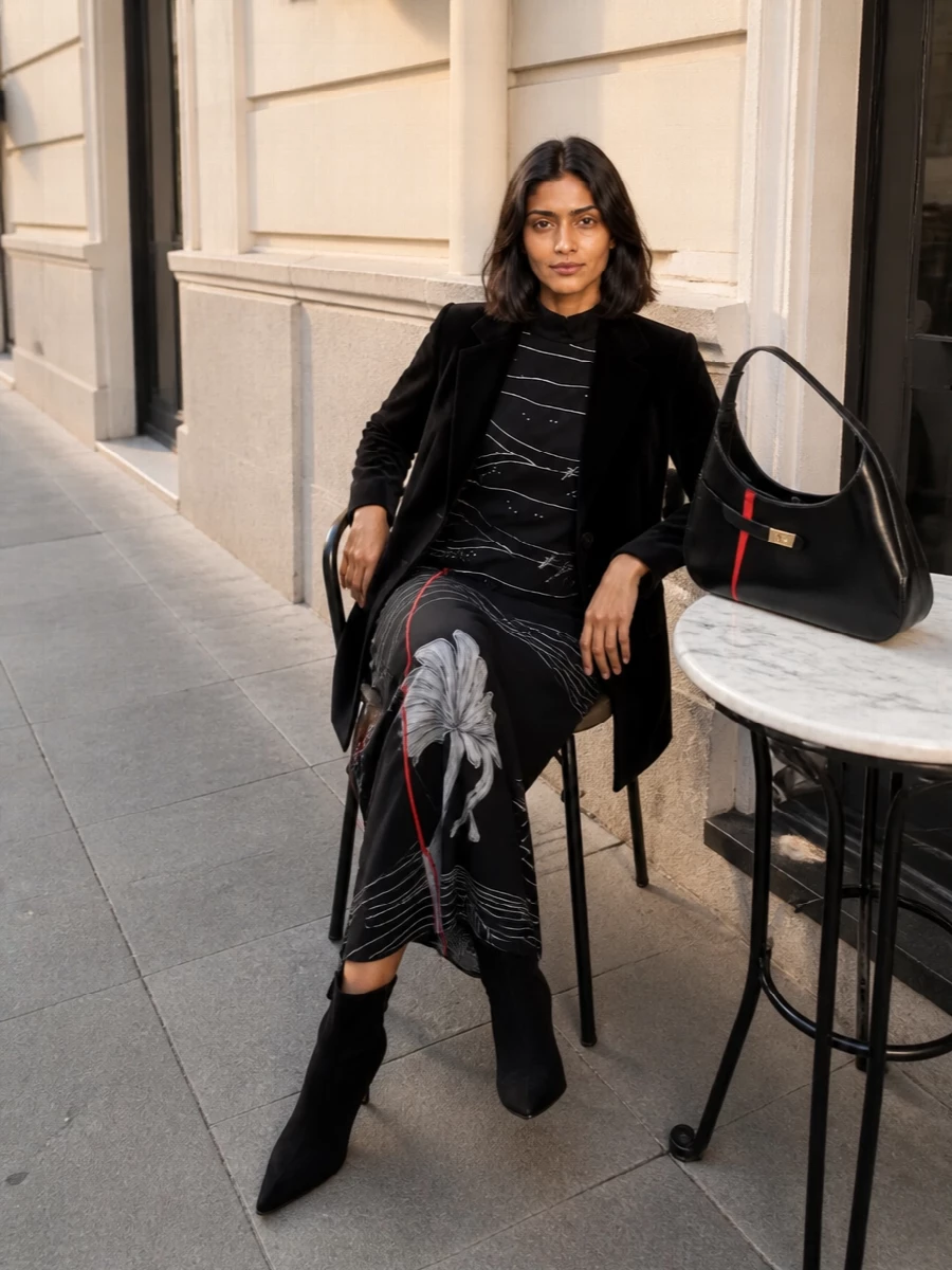 Ferragamo black blazer graphic midi dress outfit