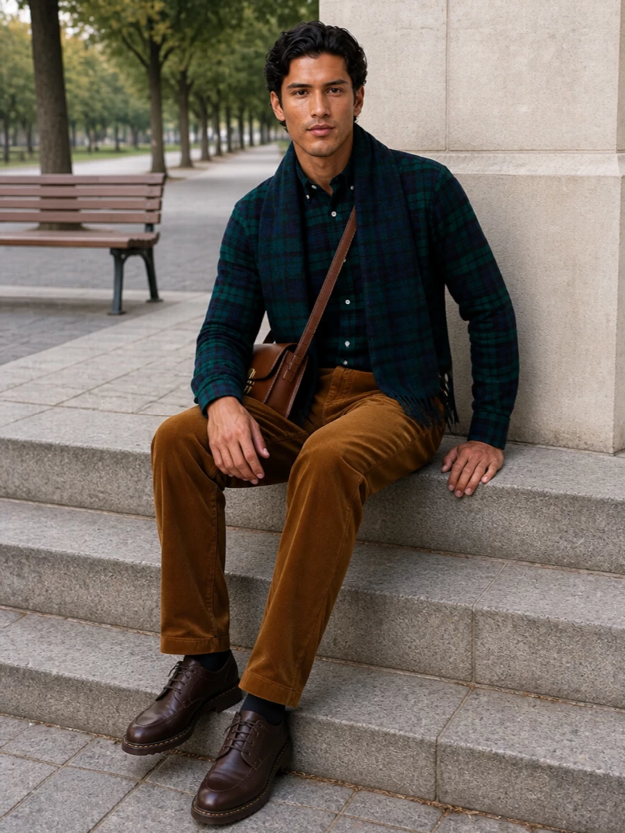 A navy and forest tartan shirt meets caramel corduroy for a classic campus take on fall dressing, grounded by substantial brown derbies. The cognac crossbody and matching tartan scarf pull the greens and browns together, keeping the palette rich yet easy for casual office days and weekend plans alike.