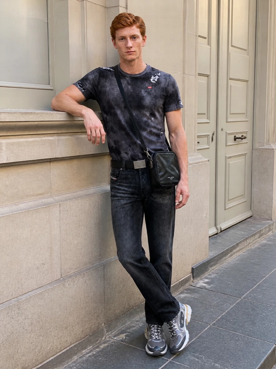 Diesel grey jeans distressed tee sneakers