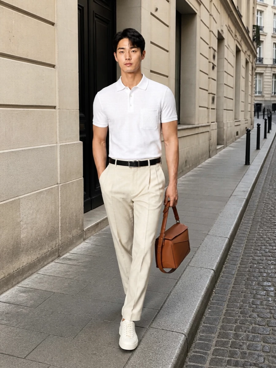 Gucci white polo beige trousers outfit