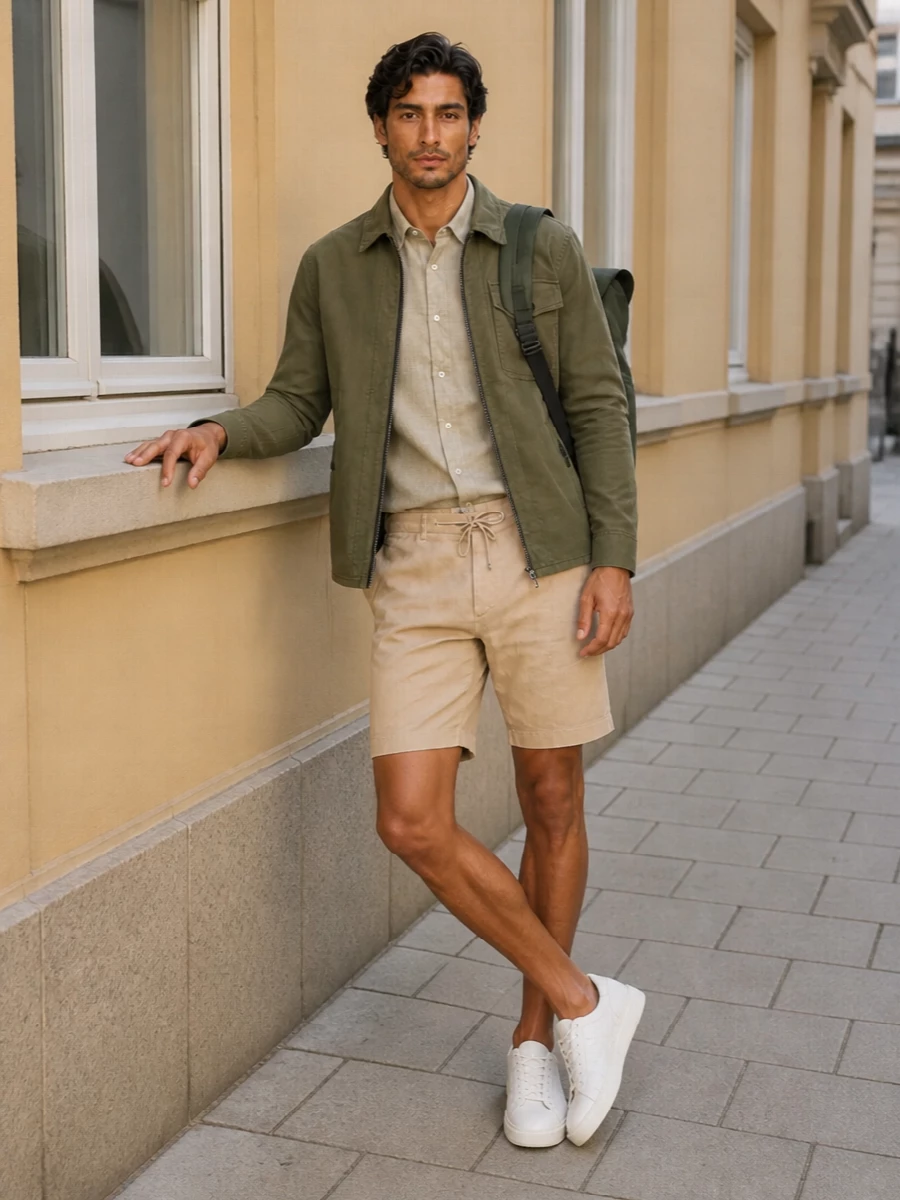 Woolrich olive jacket chino shorts outfit