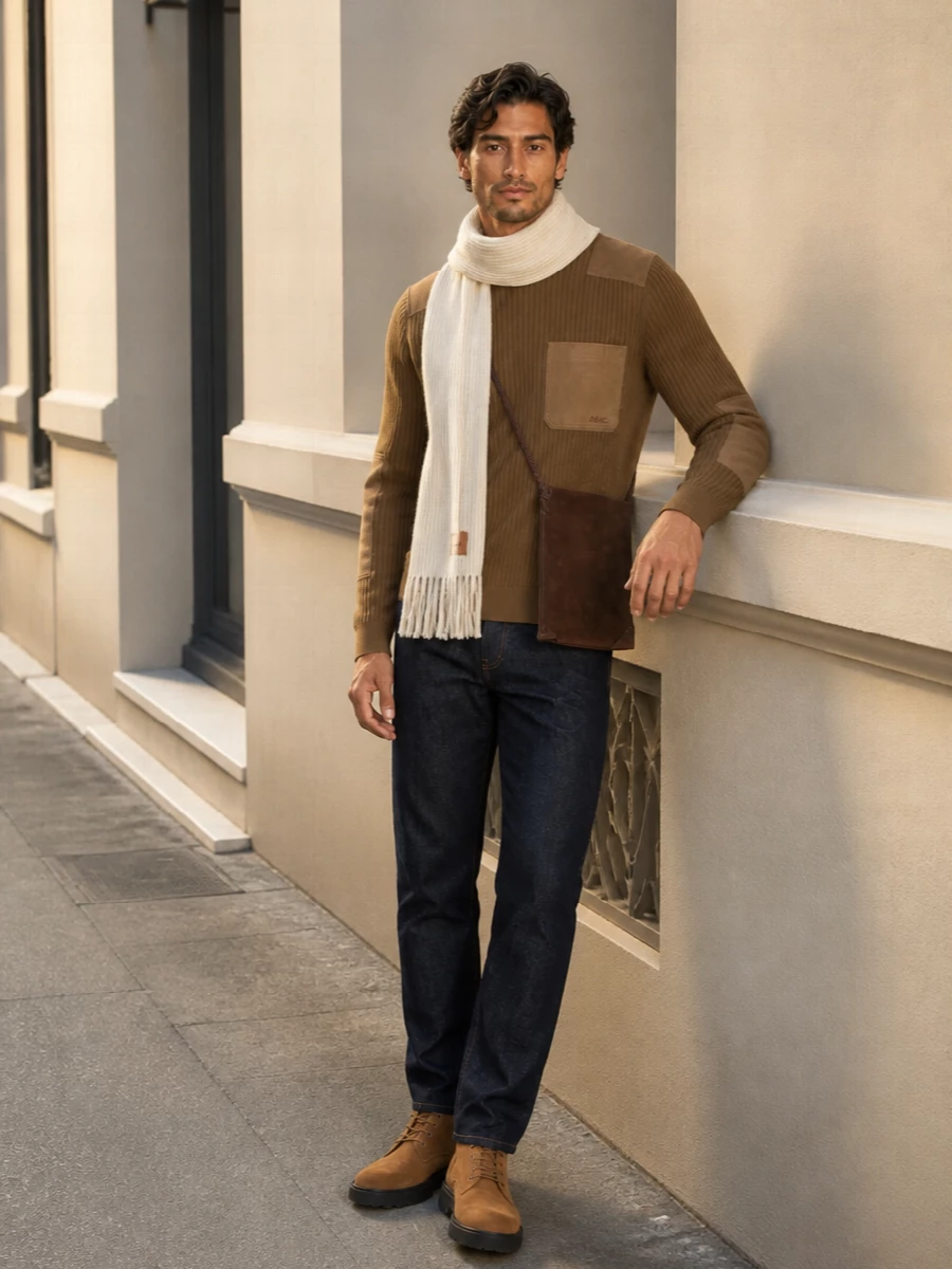 Apc camel sweater dark indigo jeans outfit