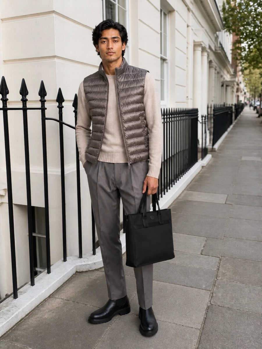 Herno gilet tailored trousers chelsea boots