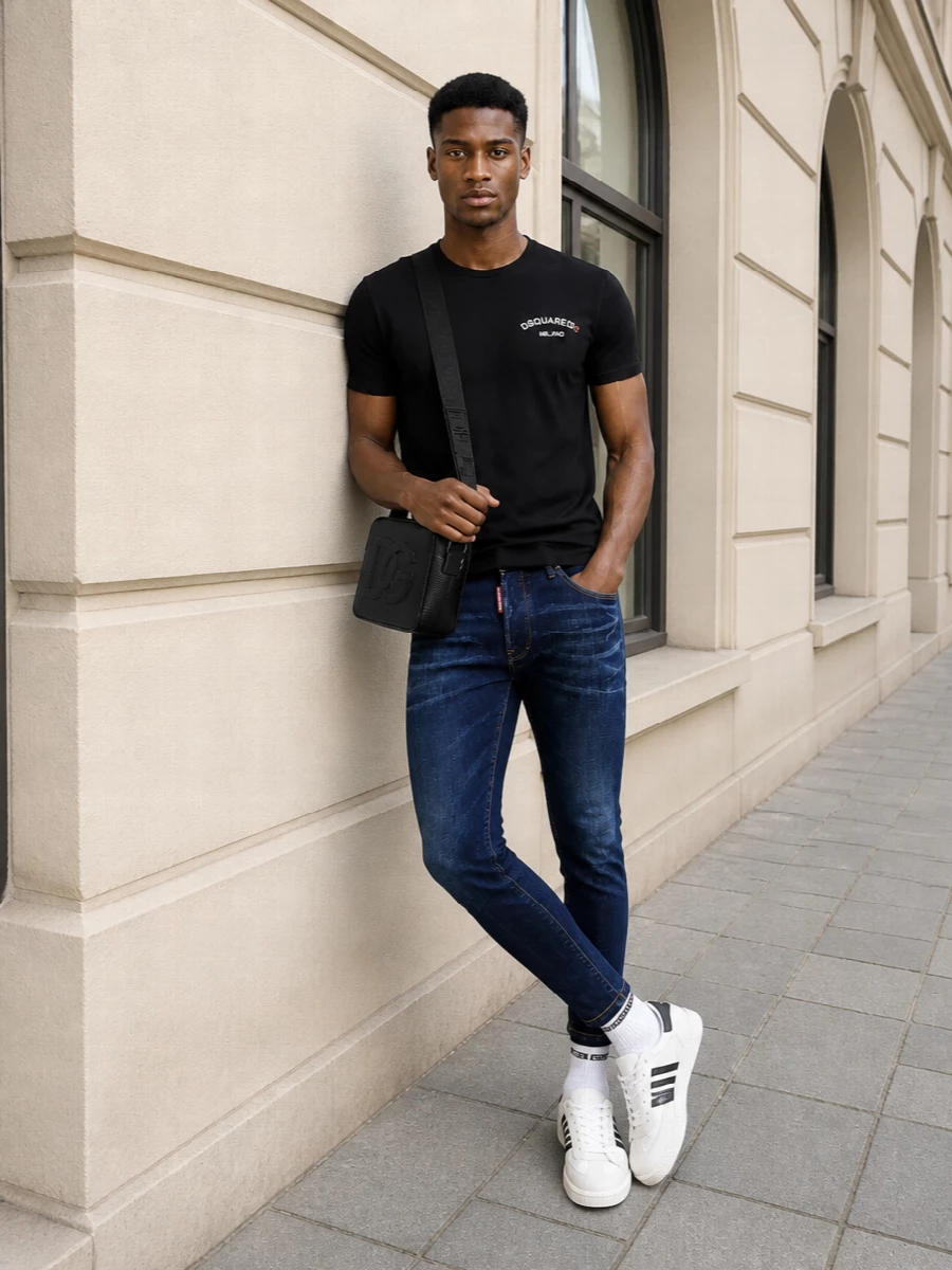Dsquared2 black logo tee slim jeans outfit