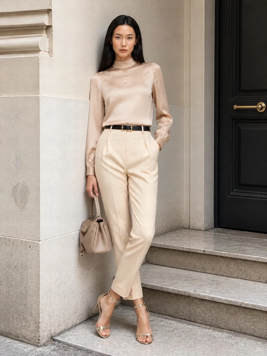 Tailored beige trousers champagne blouse outfit