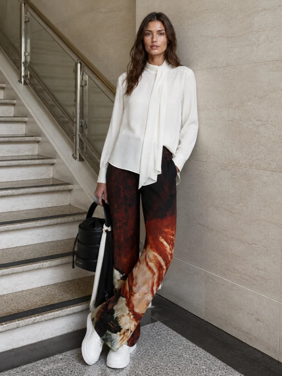 Alexander mcqueen print pants ivory blouse sneakers