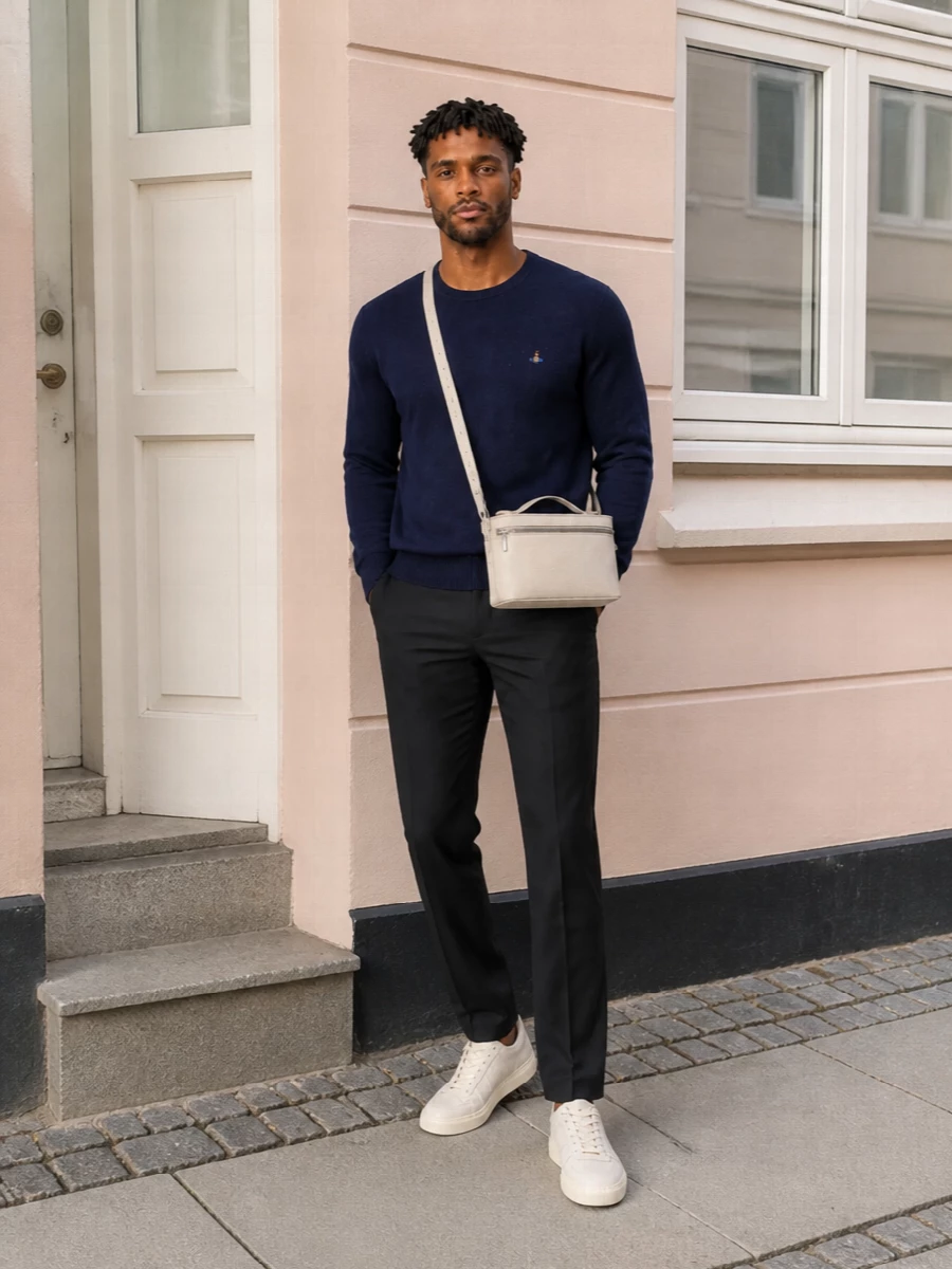 Navy-on-navy tailoring keeps the Vivienne Westwood knit quietly sharp, with the straight-leg trousers giving a clean, unfussy line. Ivory sneakers and a cream crossbody soften the palette just enough, reading modern and preppy rather than corporate. The result is an easy city uniform that moves from desk to dinner without ever feeling overworked.