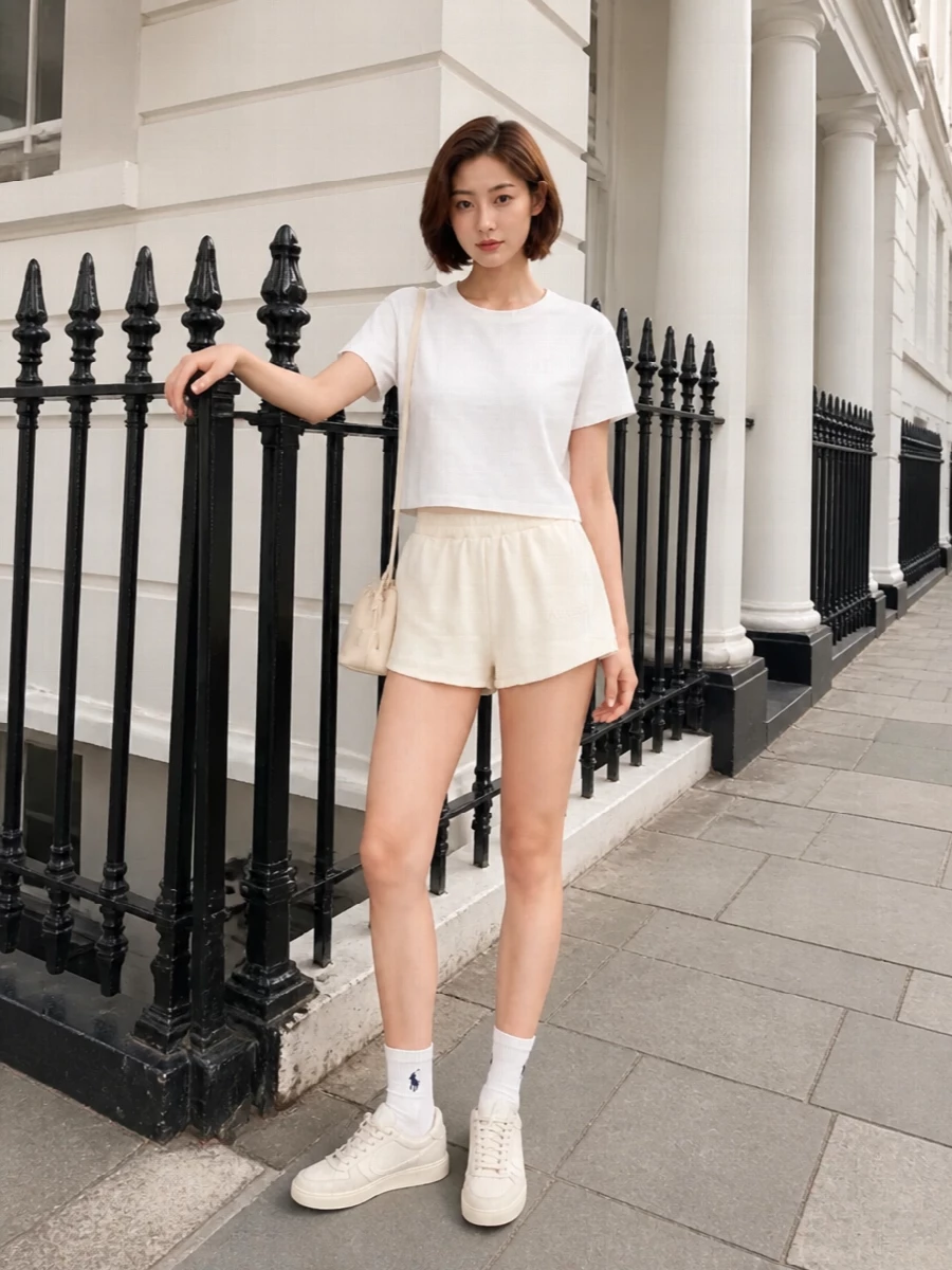 Autry cream shorts cropped tee sneakers outfit