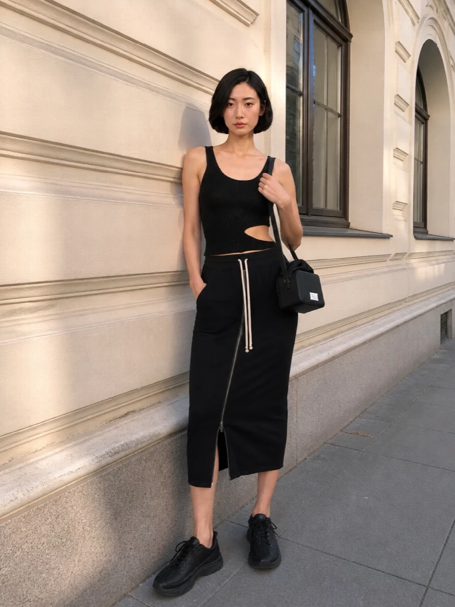 A dark, graphic column built around the zip-front skirt and an asymmetric knit tank feels sharp without trying, grounded by low-profile black sneakers. The Margiela crossbody adds just enough structure and detail, keeping everything in a tight, quietly luxurious monochrome story. It is an easy city uniform for days that run straight into night.