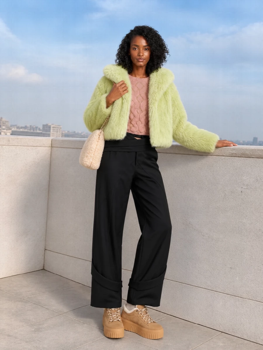Blancha faux fur coat wide leg pants outfit
