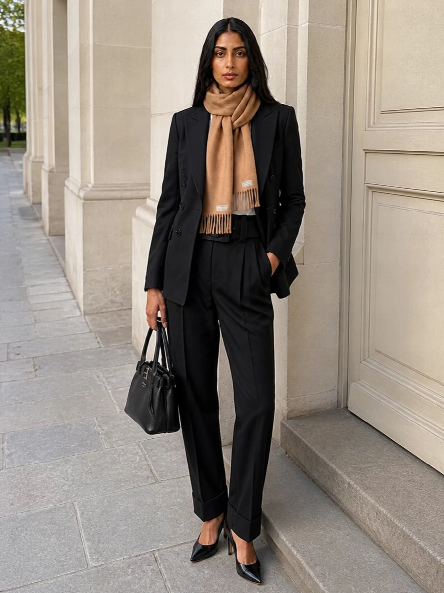 Max mara black blazer high waist trousers outfit