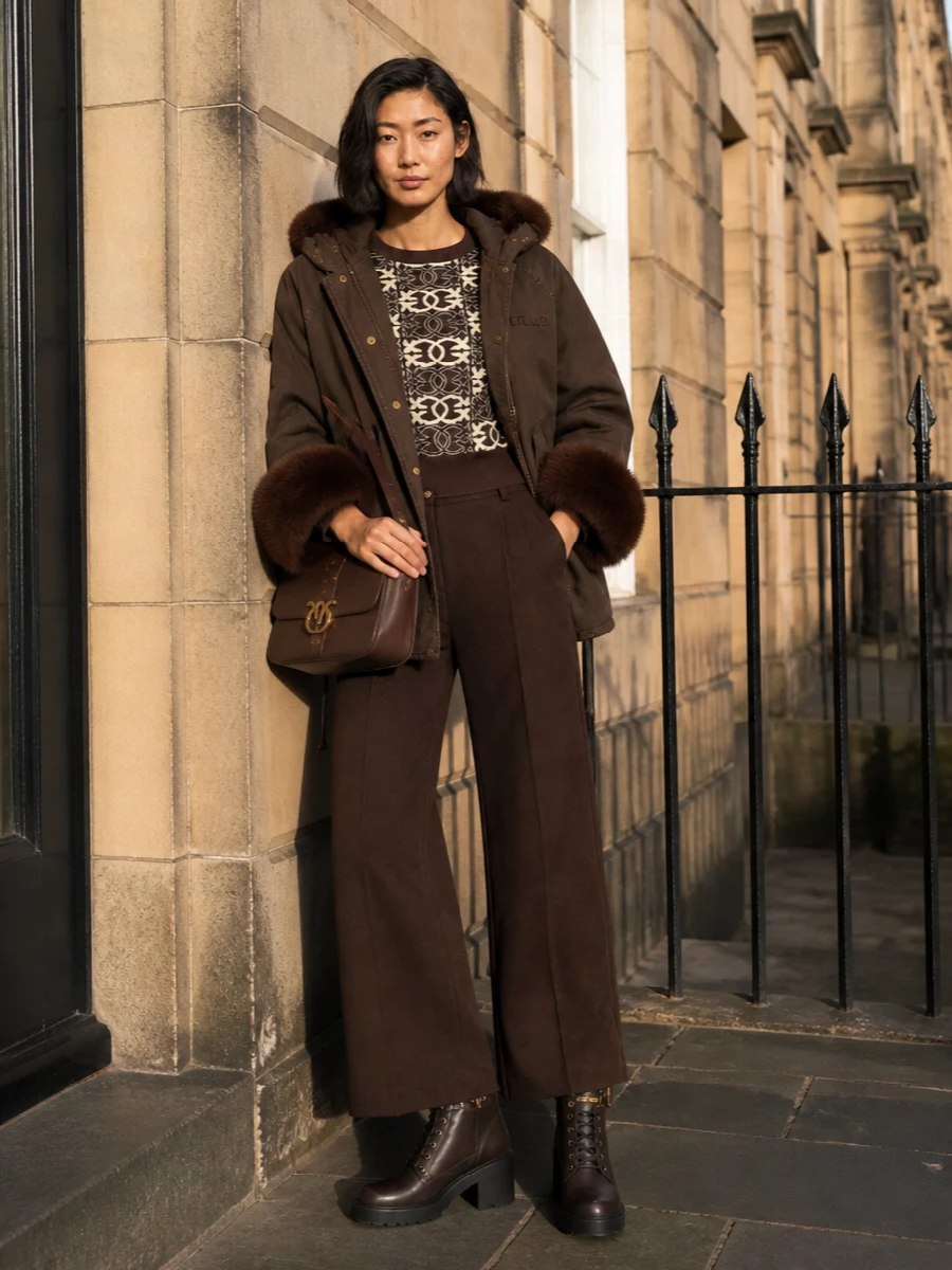 Pinko brown parka wide leg trousers ankle boots