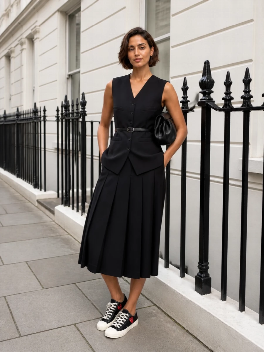 Comme des garcons pleated midi skirt waistcoat outfit