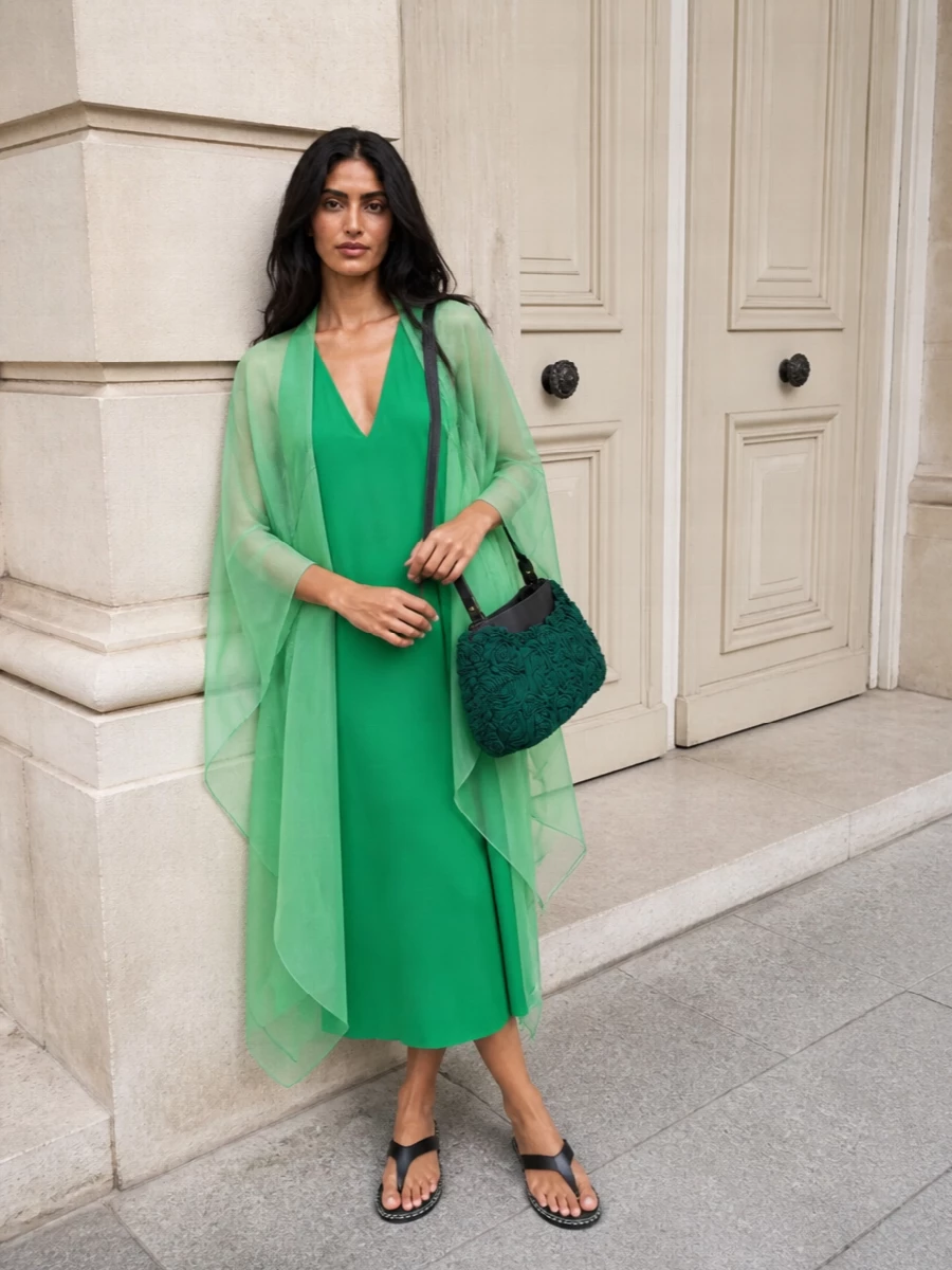 Dries van noten green dress sheer poncho outfit