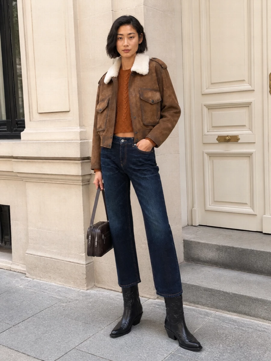 Acne studios shearling jacket dark denim boots