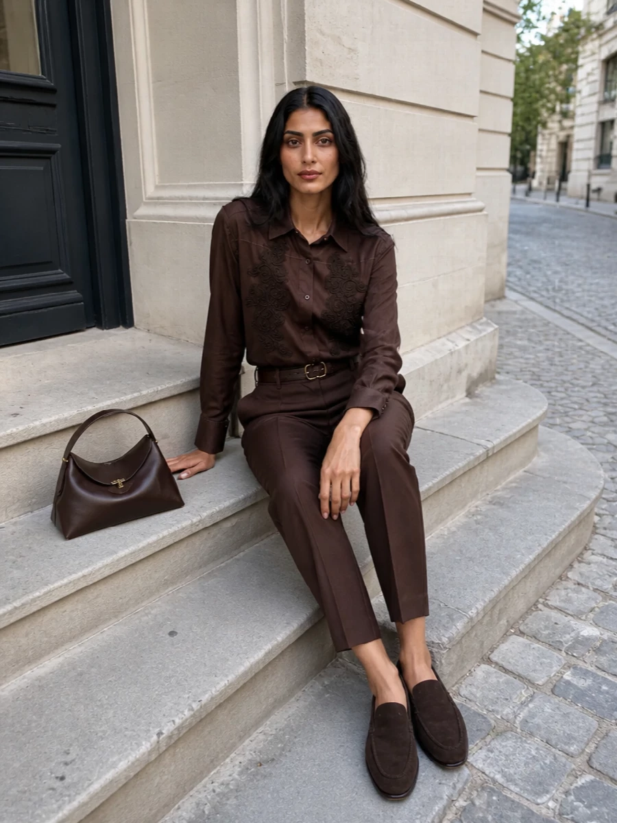 Ermanno firenze brown trousers outfit toteme bag