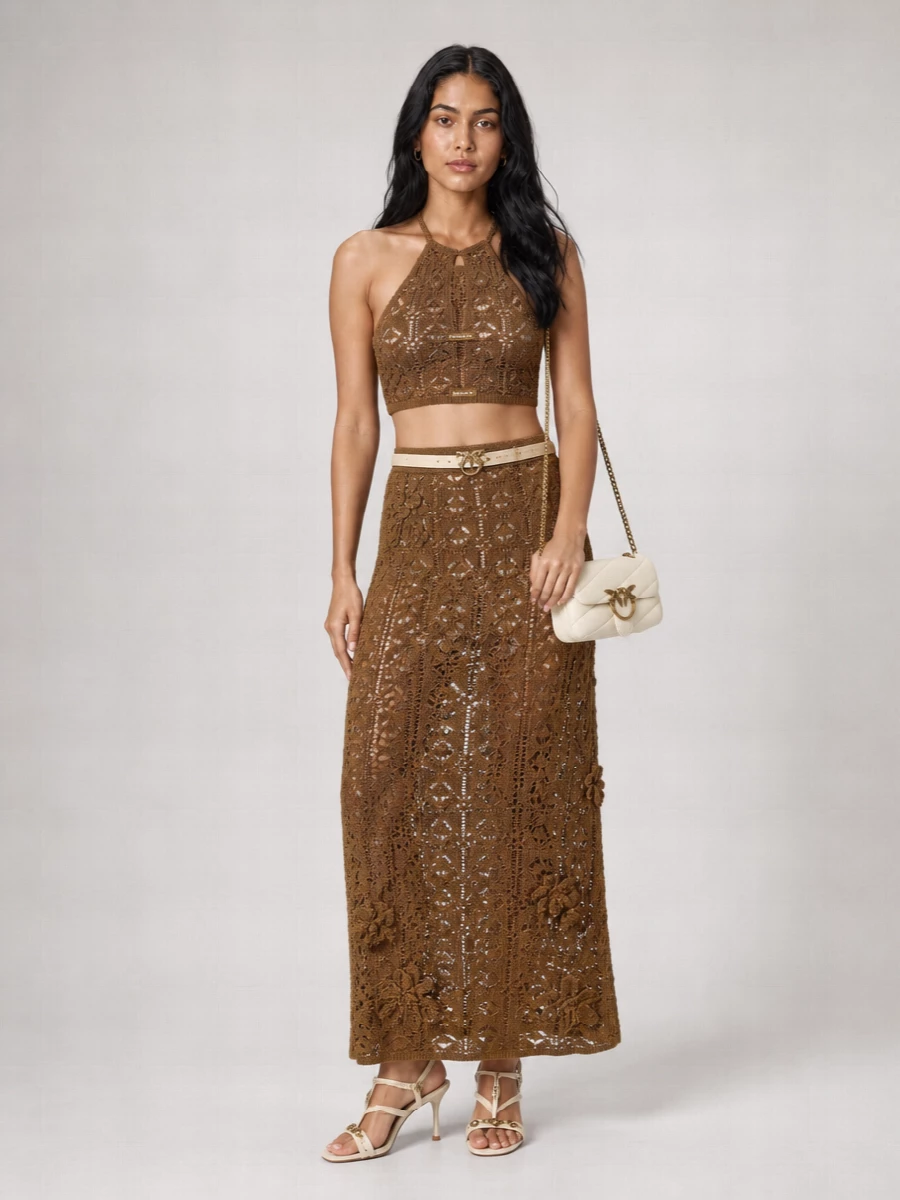 Pinko Crochet High-Rise Flared Midi Skirt