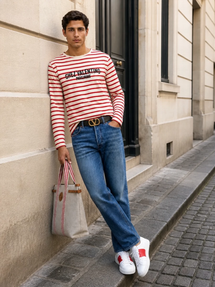 This look leans into a refined nautical street-prep: the cream-and-red striped Valentino tee sits over clean mid‑indigo straight-leg denim for an easy, regular silhouette that feels relaxed but considered. White leather sneakers with a graphic red band and a striped canvas tote pick up the tee’s Valentino red, while the slim logo belt quietly sharpens the waist, keeping the whole outfit elevated yet effortless for spring–summer days in the city or by the coast.