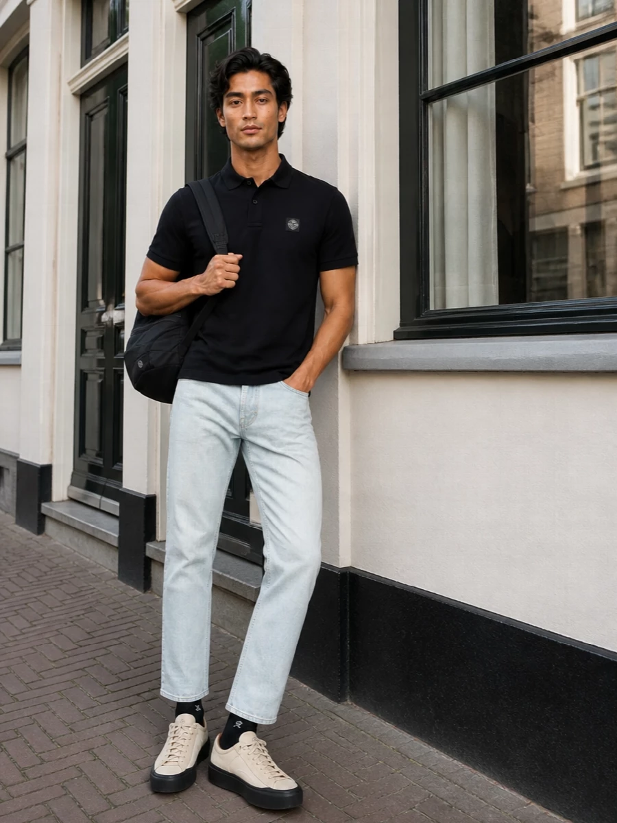 Stone island black polo grey jeans sneakers