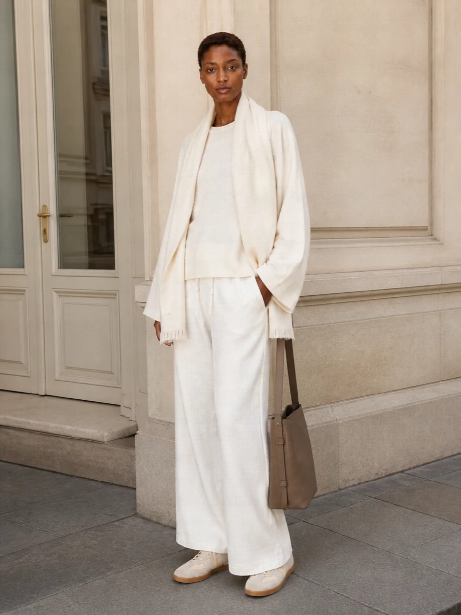Max mara ivory wide leg pants tonal knit outfit