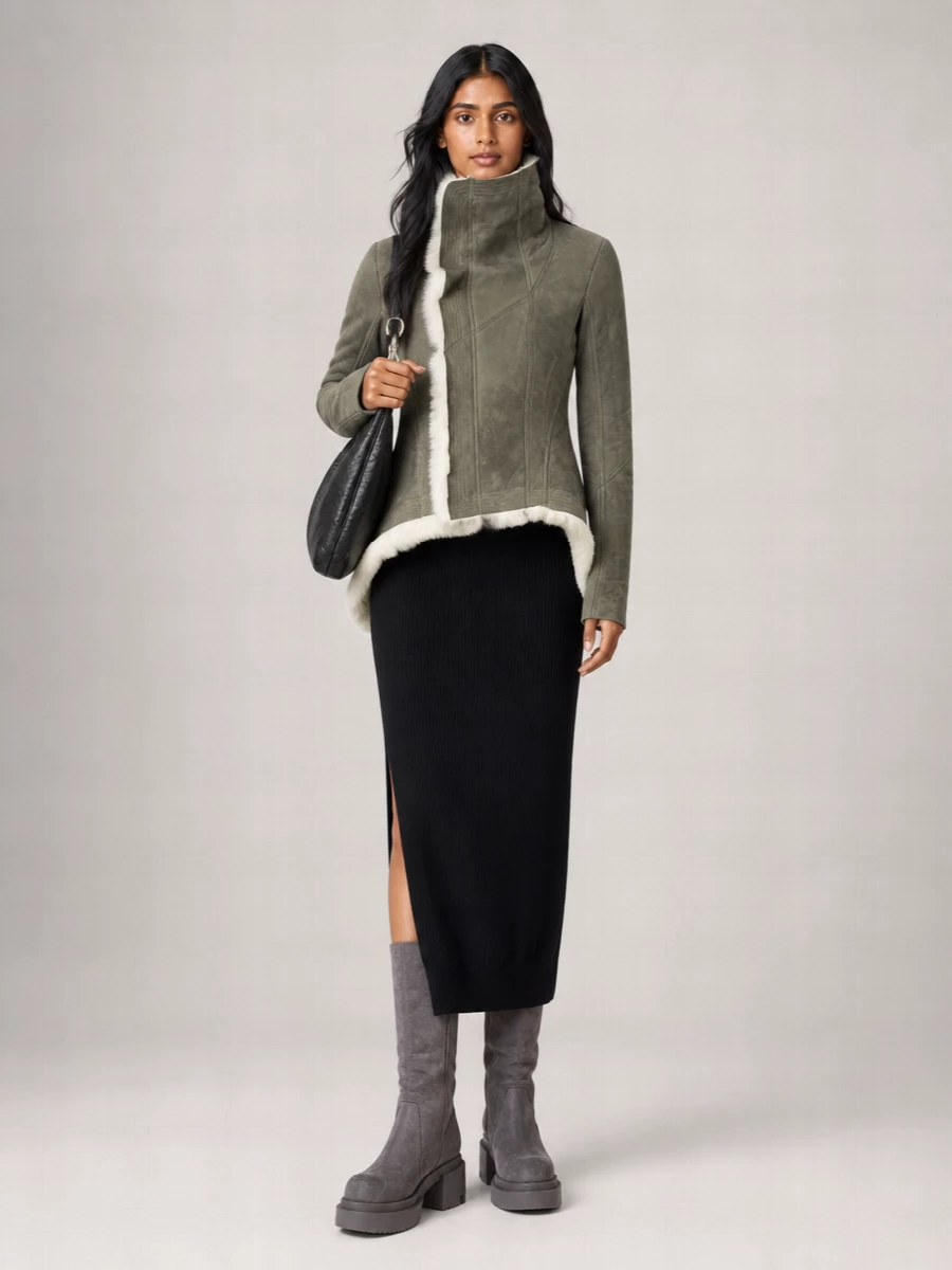 Rick Owens Shearling Asymmetric Crater Neck Jacket
