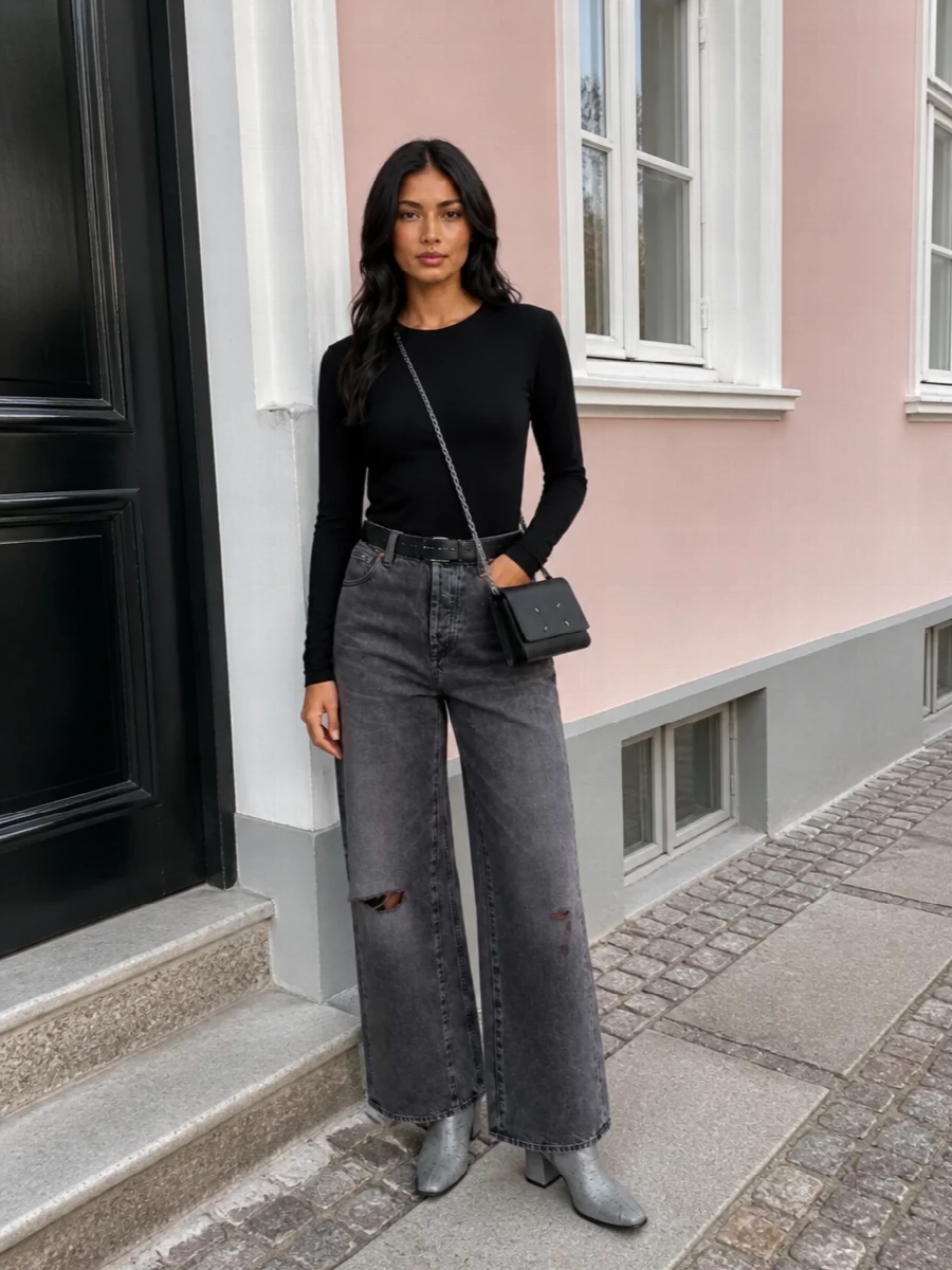 Our legacy wide leg jeans grey boots black knit