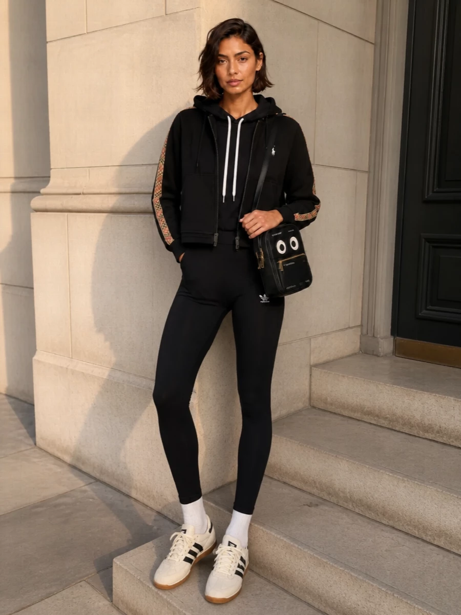 I’m anchoring this with the top and bottom route rather than a dress, because the Burberry hoodie wants a true athleisure base, not a knit or shirting dress it has to fight with. Black Polo Ralph Lauren under black Burberry with clean black leggings and cream-striped Adidas sneakers creates a tight, collegiate street palette, while the Anya Hindmarch mini bag adds just enough wit. The result is a polished off-duty city ensemble that feels coordinated, sporty and quietly preppy from coffee runs to casual dinners.