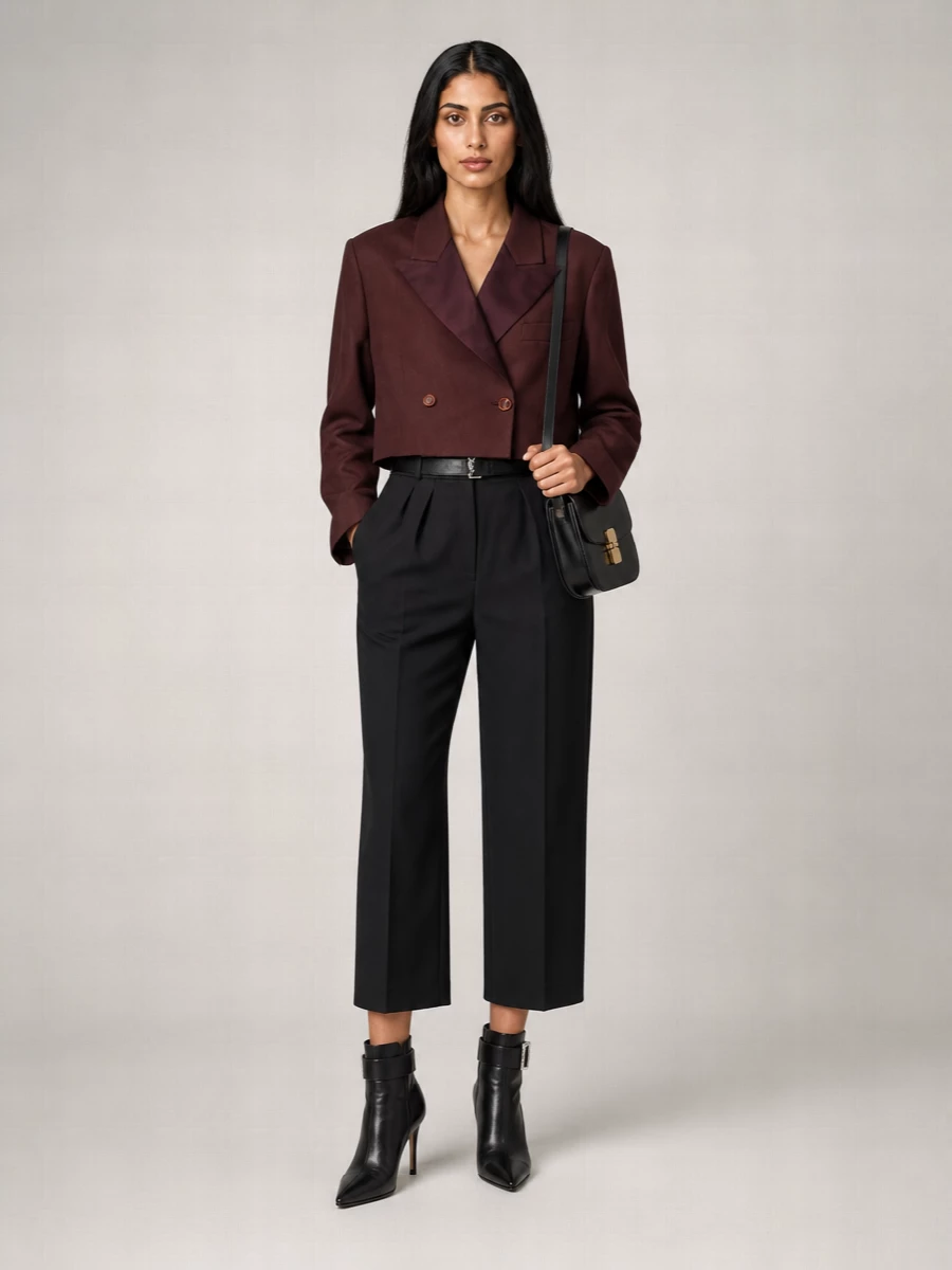 Deep burgundy tailoring meets sharp black suiting for a quietly powerful desk-to-dinner ensemble. The high-rise cropped trouser and pointed ankle boot elongate the leg beneath the boxy jacket, keeping the proportions clean and modern. A structured black cross-body and slim leather belt finish the outfit with restrained polish.