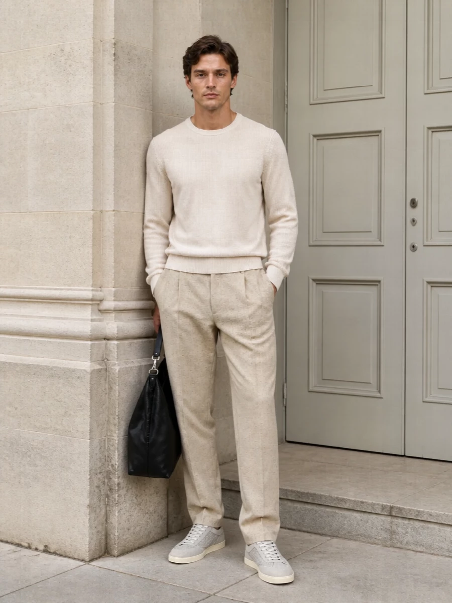 Soft neutrals keep this pairing firmly in the quiet luxury lane, with the cream knit and light beige pleats echoing the sneakers’ pale grey. The result is a clean, elongated silhouette that feels smart enough for city lunches yet relaxed for warm days. Black leather in the bag grounds the palette without disturbing the calm, minimalist mood.