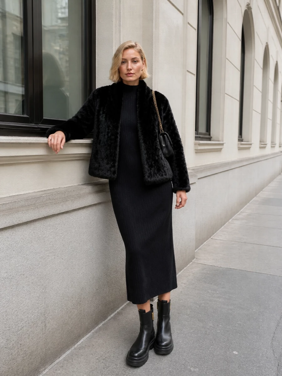 I’m styling the faux-fur jacket with the ribbed black midi dress rather than separates, so the focus stays on a long, uninterrupted column that lets all that plush texture feel intentional. Chunky black biker boots keep it grounded and city-ready, while the quilted gold-chain bag adds just enough shine for winter evenings without breaking the dark, romantic palette. The result is cocooning, modern and quietly high-impact from coffee to late-night drinks.