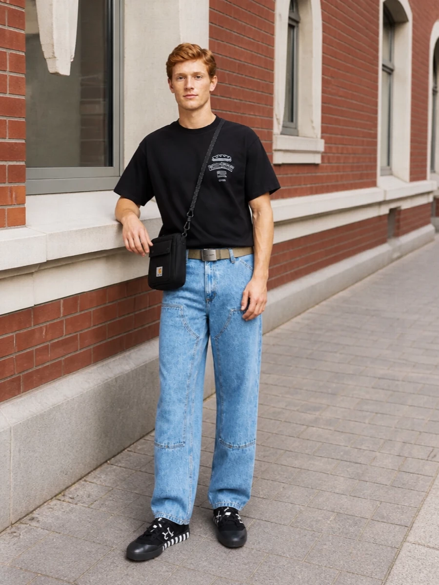 Carhartt tee light blue jeans off white sneakers