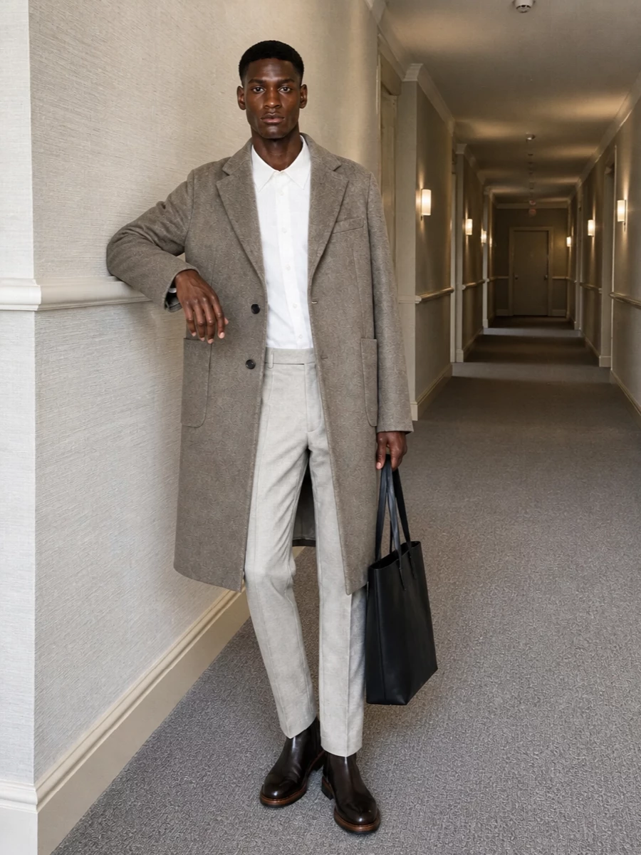 Our legacy taupe coat beige trousers boots