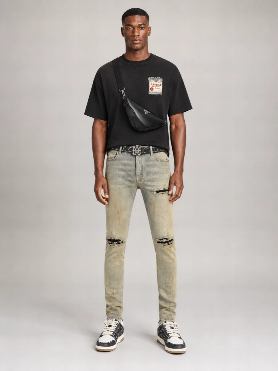 Amiri Denim Suede Paneled Skinny Jeans