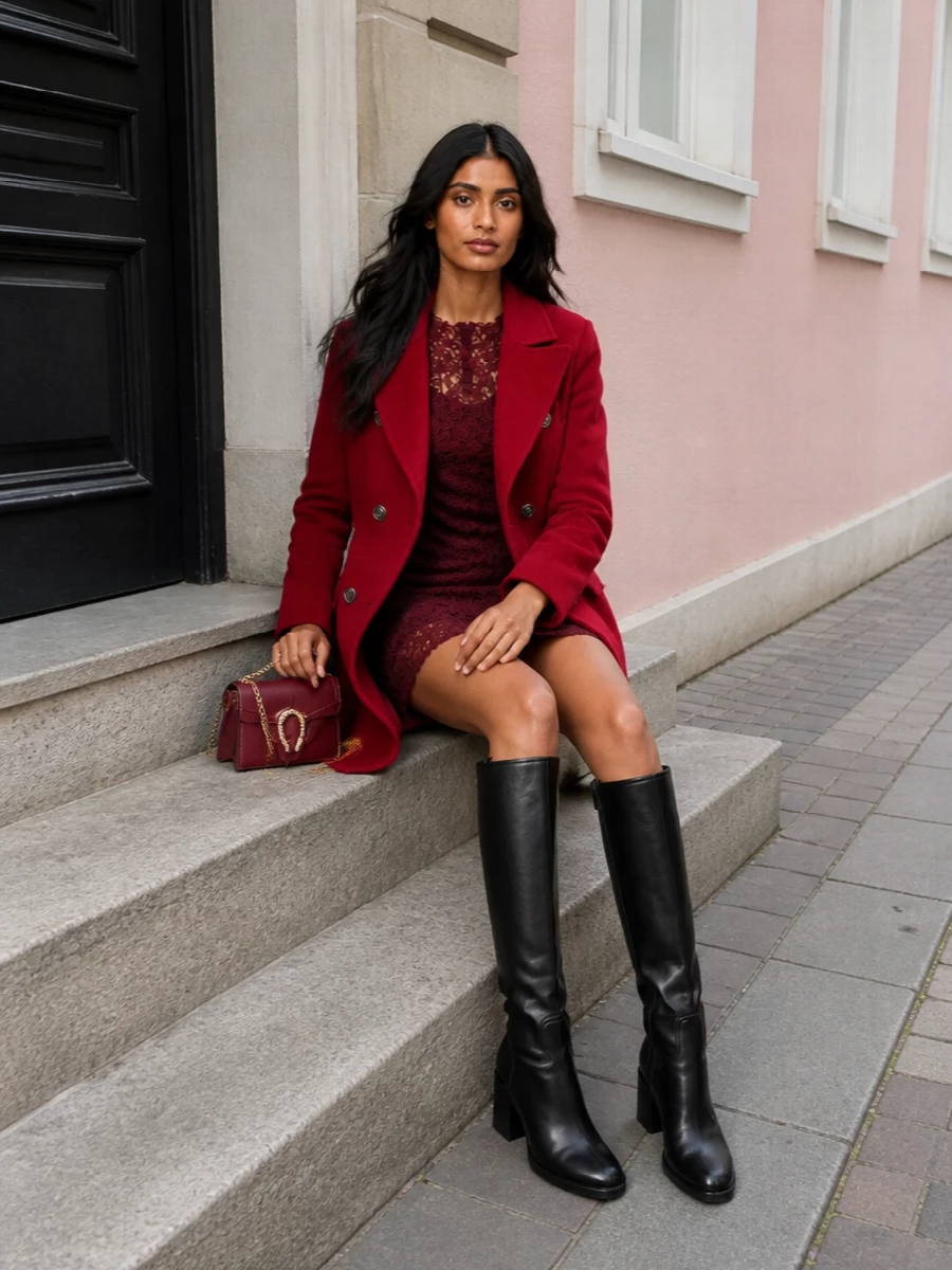 Ermanno scervino red coat lace mini dress outfit