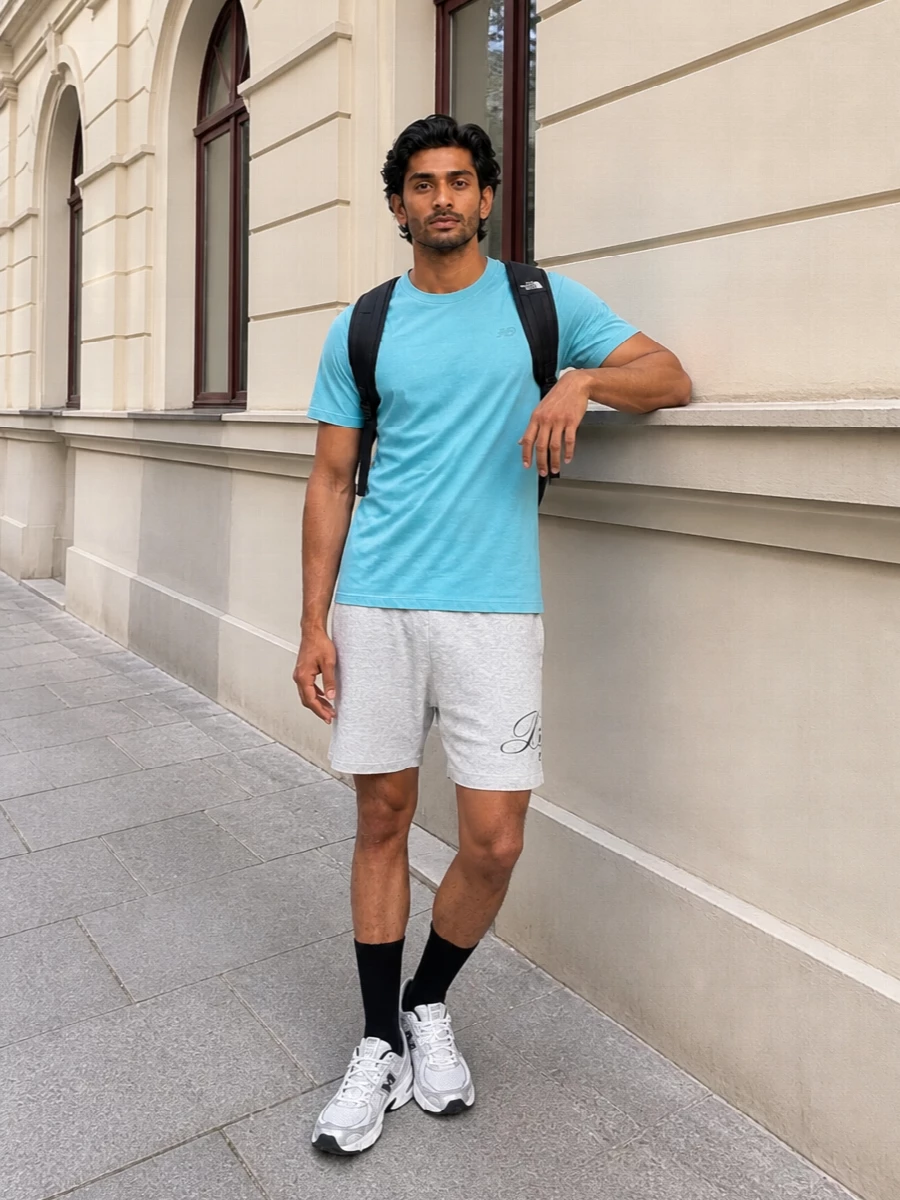 New balance sky blue tee grey shorts runners