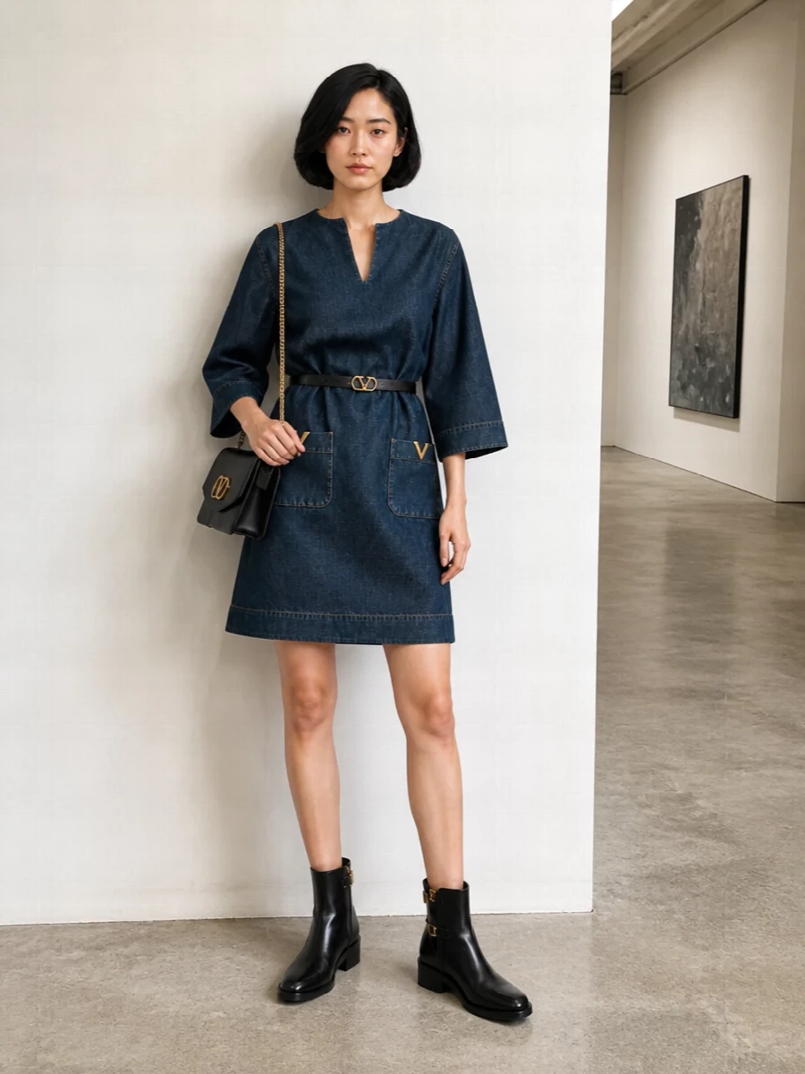 Valentino denim dress black ankle boots bag