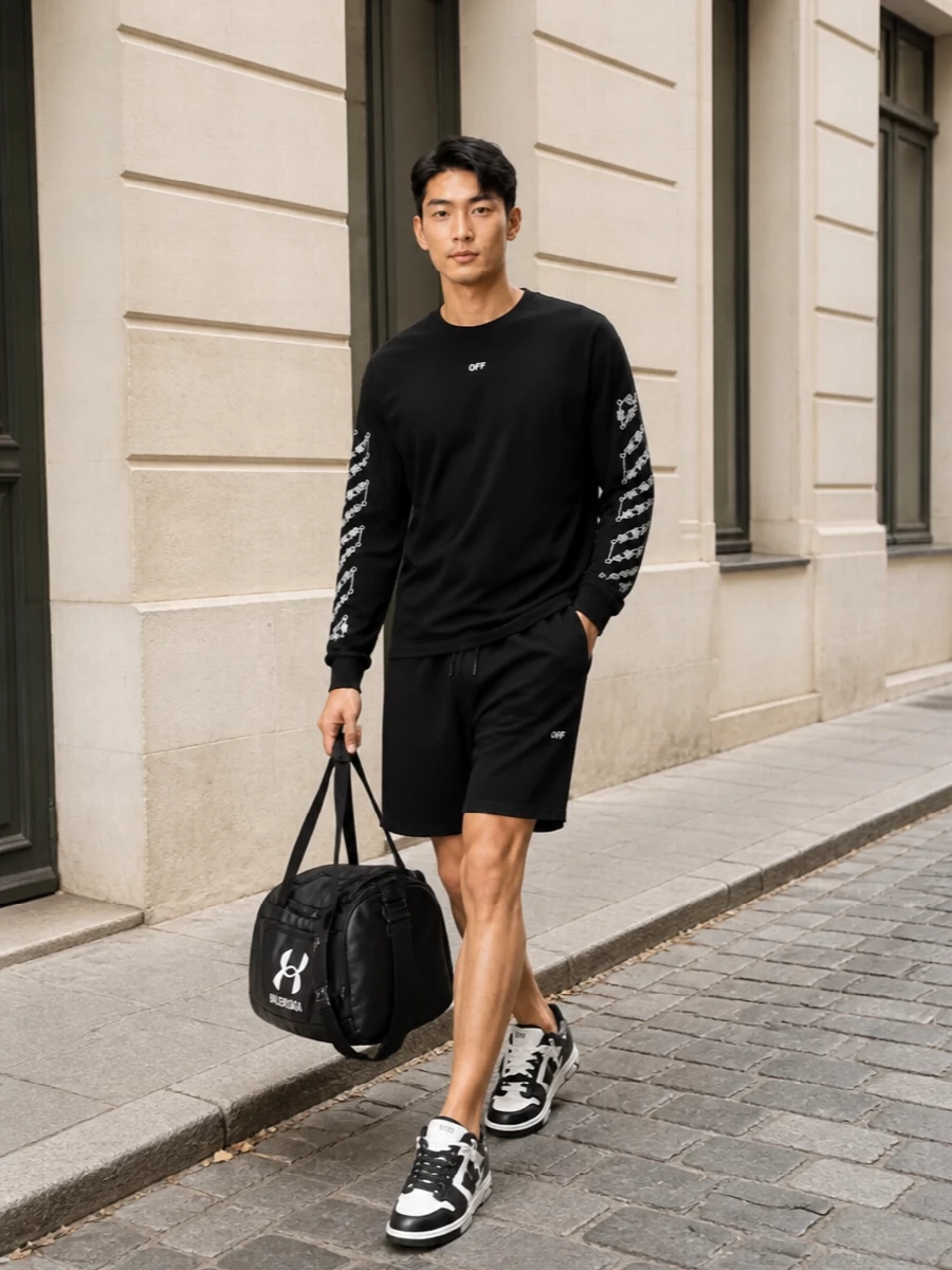 Off white graphic long sleeve shorts sneakers outfit