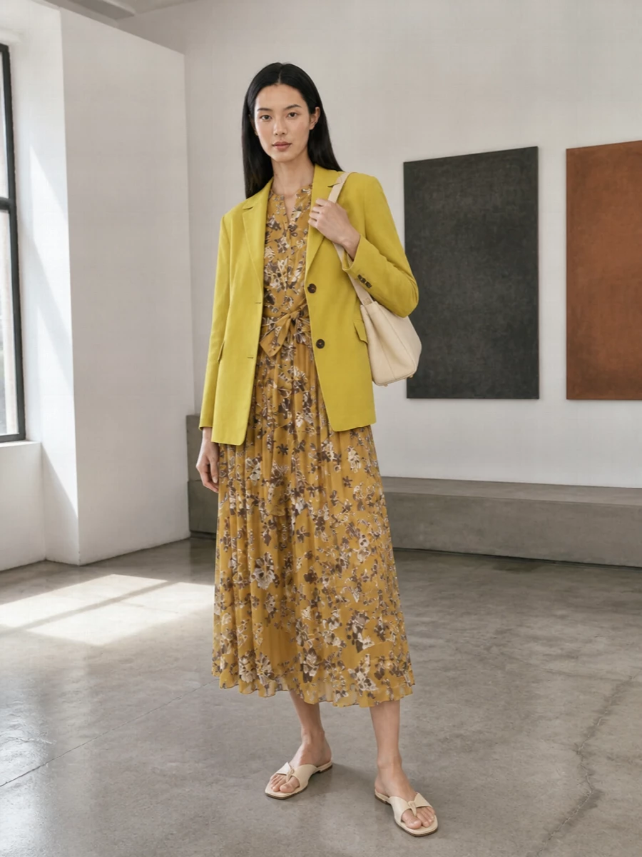 I am styling the yellow S Max Mara blazer over the mustard floral midi dress rather than building a full suit, so the colour story feels intentional and the silhouette stays light and fluid. The result is a quietly confident spring ensemble, grounded with butter-beige flats and a structured buttercream bag that keep the print and colour balanced rather than loud. It works seamlessly for city days that stretch into dinner, reading polished without feeling corporate.