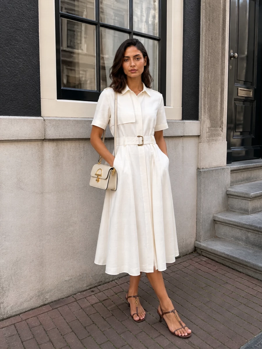 I chose the dress route to let a single ivory column do the talking around your sculptural Gucci bag, keeping the story clean and quietly refined. The Burberry shirt dress and Saint Laurent kitten-heel sandal meet at a sweet spot of polish and ease, with tonal neutrals and subtle gold tying directly back to the bag’s clasp. The result is a modern, city-ready ensemble that works as well for daytime engagements as it does for understated evening plans.