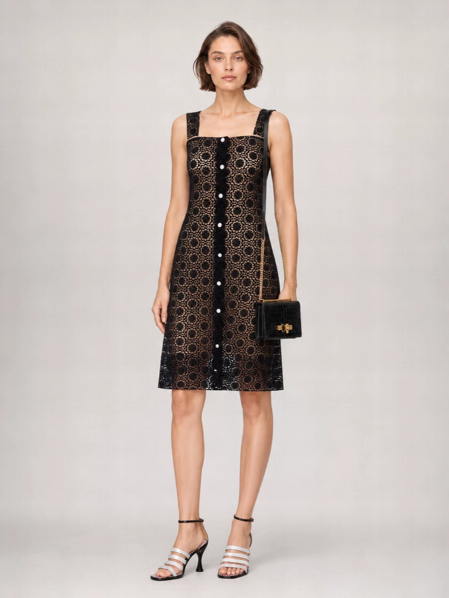 This is a sharp, evening-ready pairing that leans into graphic preppy tailoring, so the dress route is stronger than breaking the line with a separate top and bottom. The Miu Miu lace shift lets the striped Thom Browne sandals stay the focal point while the black croc McQueen bag quietly reinforces the sleek, monochrome mood. The result is a clean, modern cocktail ensemble that is feminine but still very much about cut and attitude rather than ornament.