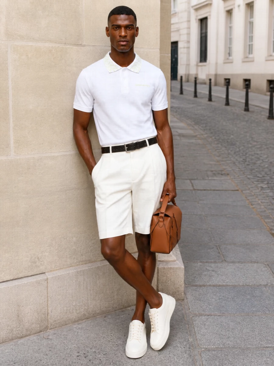 This look leans into refined Riviera prep: the embroidered Casablanca polo is paired with off‑white tailored shorts to keep the silhouette clean, light and quietly polished. Cream Prada sneakers maintain the fresh, high-summer mood, while a tan Loewe shoulder bag and a discreet Bottega Veneta belt ground the outfit with warm, understated luxury detailing. It’s an easy, elevated daytime combination that moves effortlessly from terrace lunch to coastal cocktails.