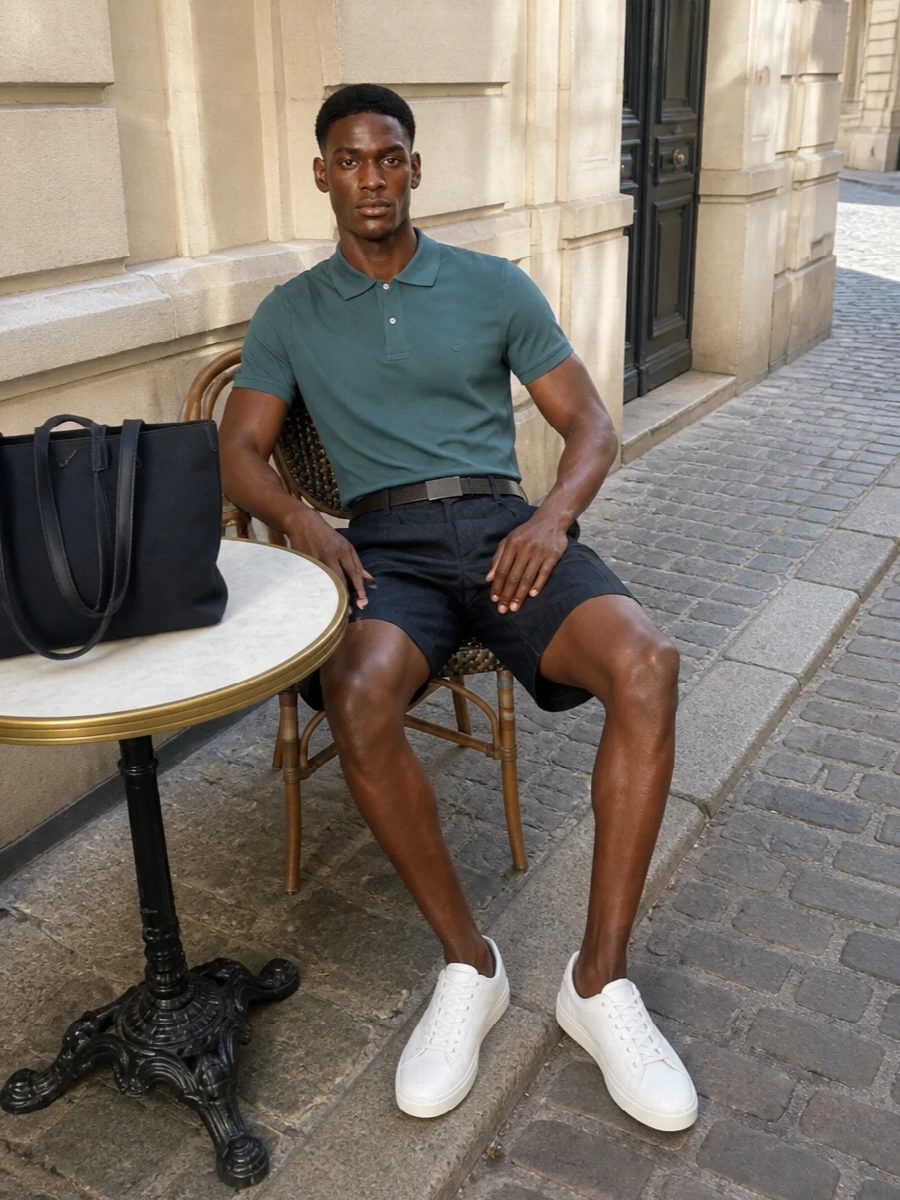 Dark indigo pleated shorts meet a slate-toned polo for a clean, city-ready take on summer tailoring. Creamy off-white sneakers keep it light underfoot, while the navy belt and tote pull the palette together. The result is relaxed but precise, ideal for terrace lunches, casual meetings or weekend strolls when you still want to feel put together.