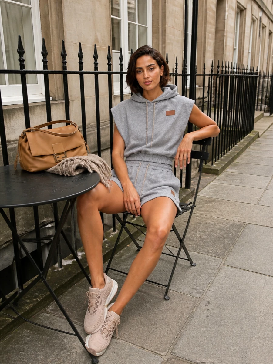 Fendi grey fleece shorts camel bag outfit