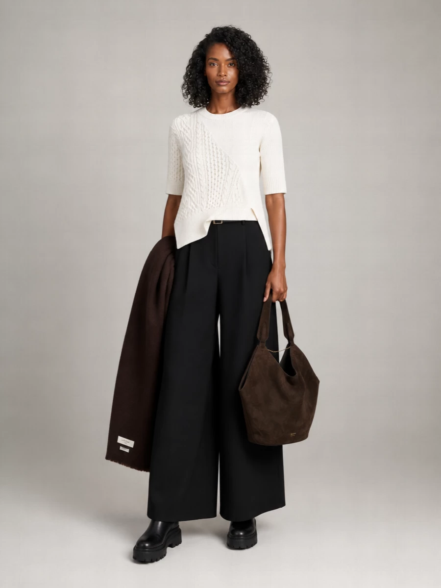 Sacai Ribbed Cable-Knit Asymmetric Three-Quarter Sleeve Sweater