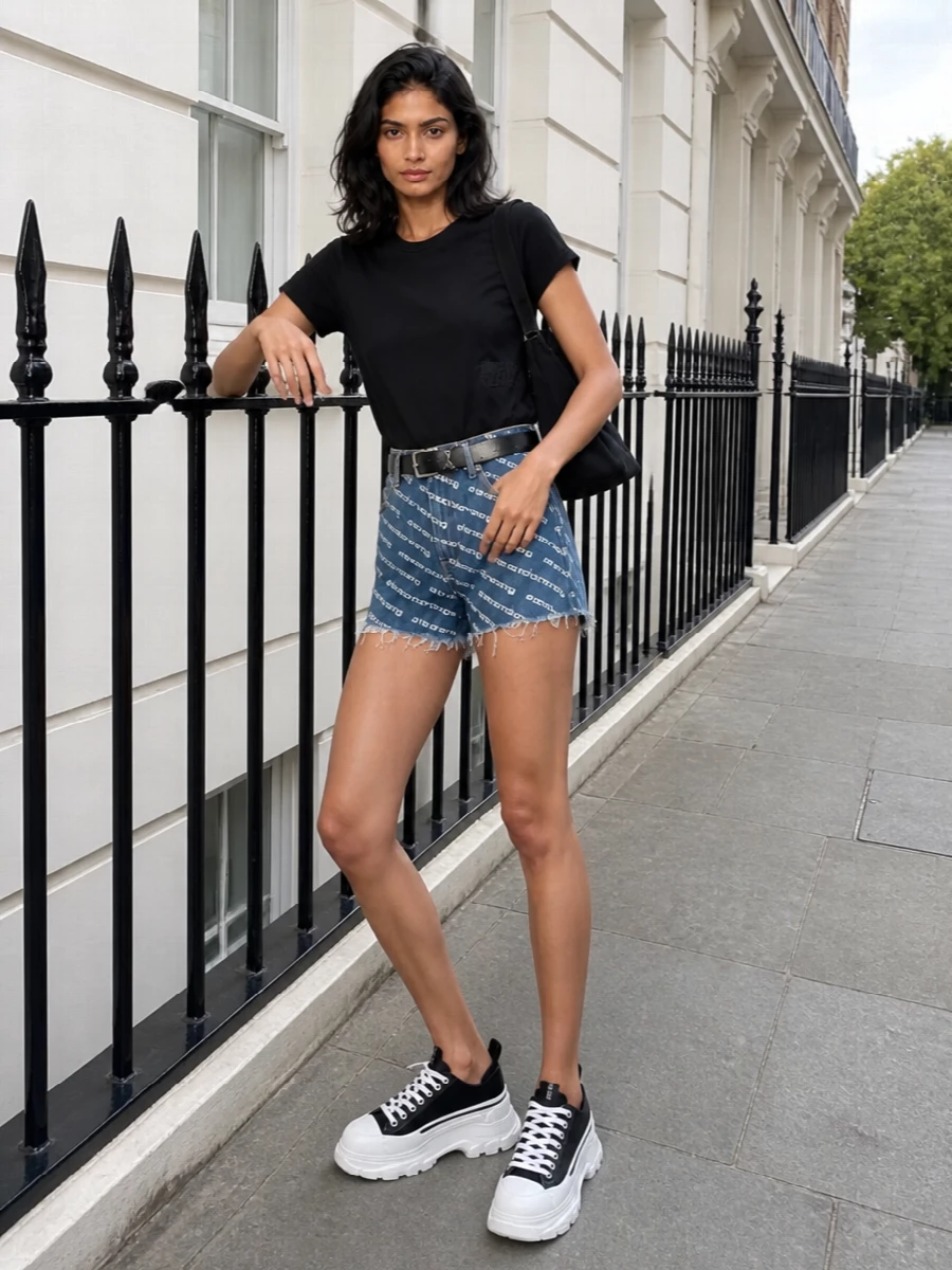 Alexander wang denim shorts black tee sneakers