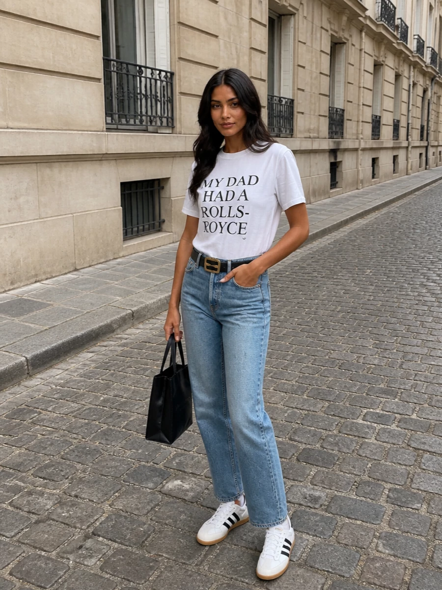 Anchor the witty Victoria Beckham tee with rigid, high-rise Totême denim for a straight, leg-lengthening line that keeps the message feeling grown-up rather than twee. Graphic white Adidas sneakers echo the tee’s typography and keep the mood firmly in modern streetwear territory. A sharp black Alexander Wang mini tote and a logo-signed Victoria Beckham belt finish it with just enough structure and hardware to feel considered without losing ease.