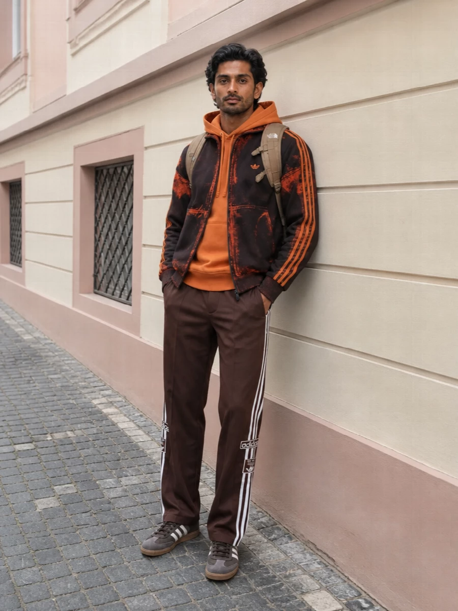 Burnt orange and deep brown run through the whole outfit, so the graphic jacket feels intentional rather than loud. Clean brown track pants and terrace trainers keep the silhouette easy and athletic, while the earthy technical backpack adds just enough outdoor utility without breaking the color story.