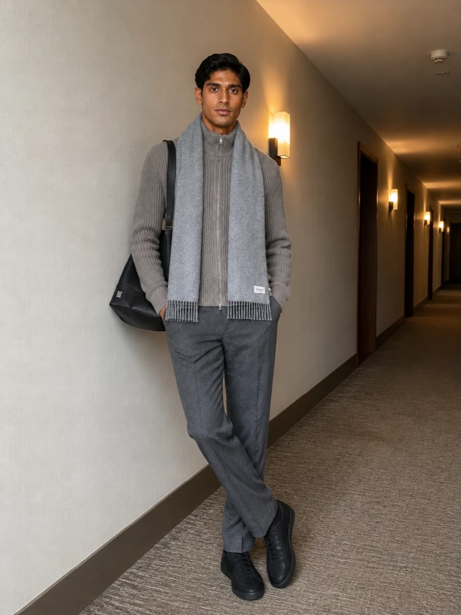 Maison margiela taupe zip cardigan grey trousers