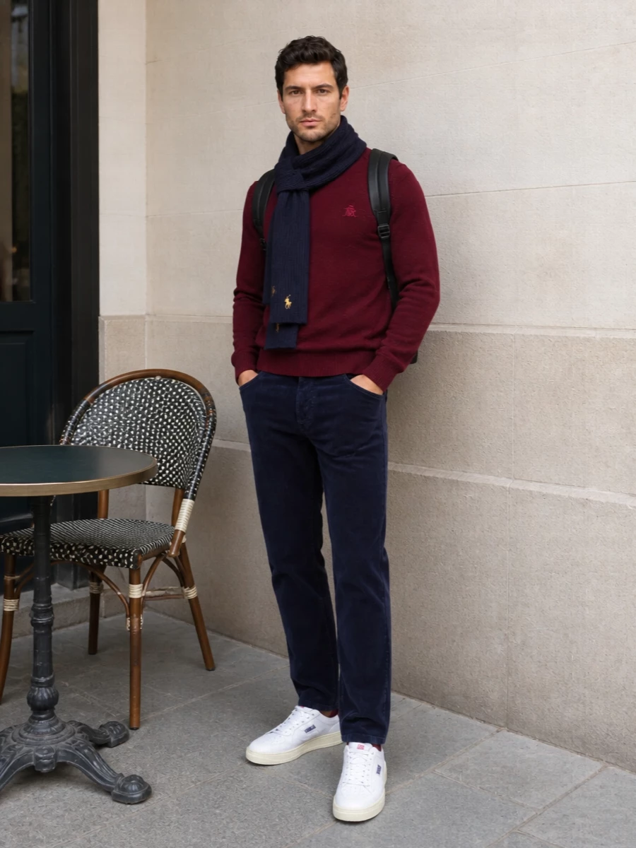 Baracuta bordeaux knit navy corduroy trousers